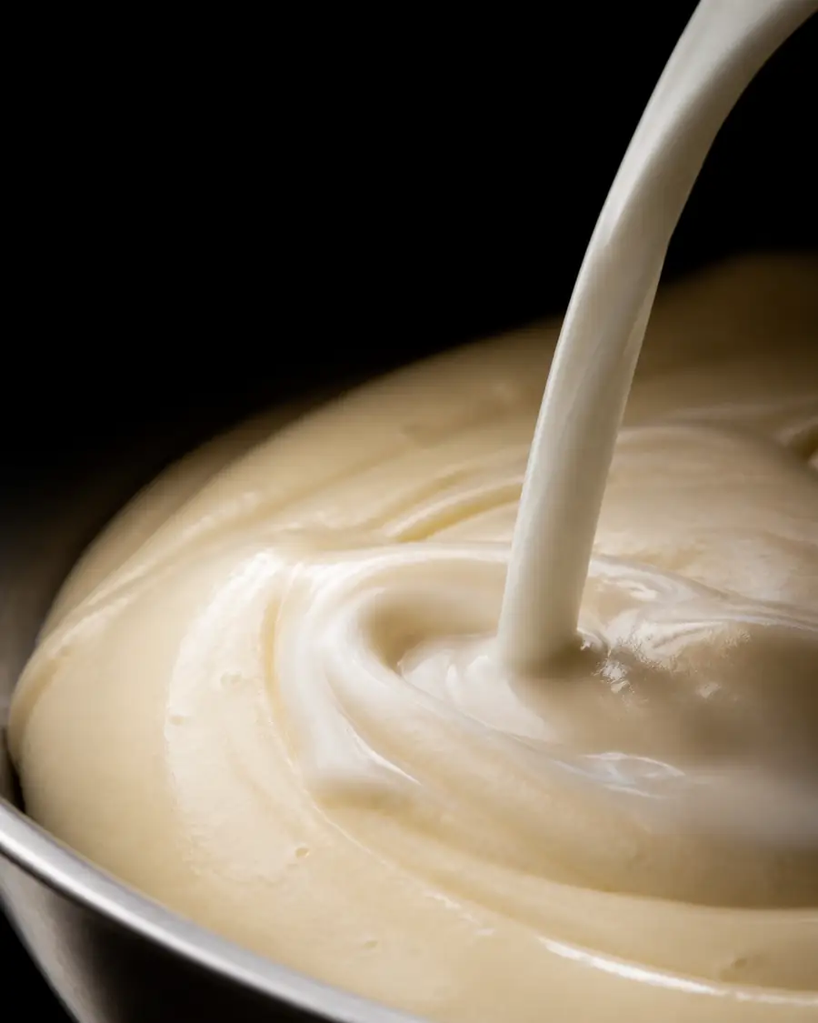 Milk flowing into pale batter.