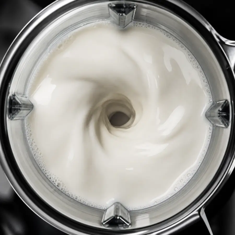 Milk creating a smooth vortex inside a clear blender vessel.