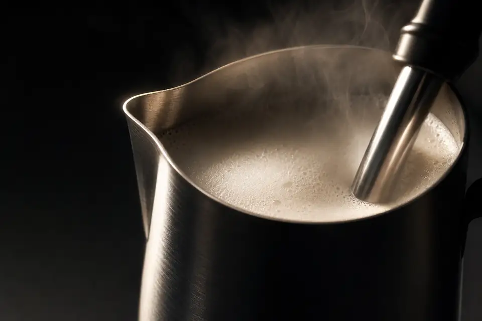 Milk forming fine foam inside a brushed-steel pitcher.