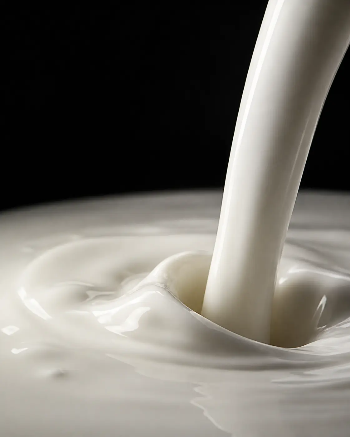 A close-up stream of milk folding into a glossy white surface.